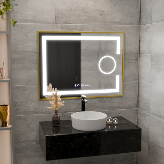 Правоъгълно LED огледало, 80x60 см, Eclat MotionGlow Marcello, система за обезпотяване, часовник и термометър, козметична лупа, възможност за димиране, матирана златна рамка Marcello огледала Заглавие по подразбиране Alessandro Design