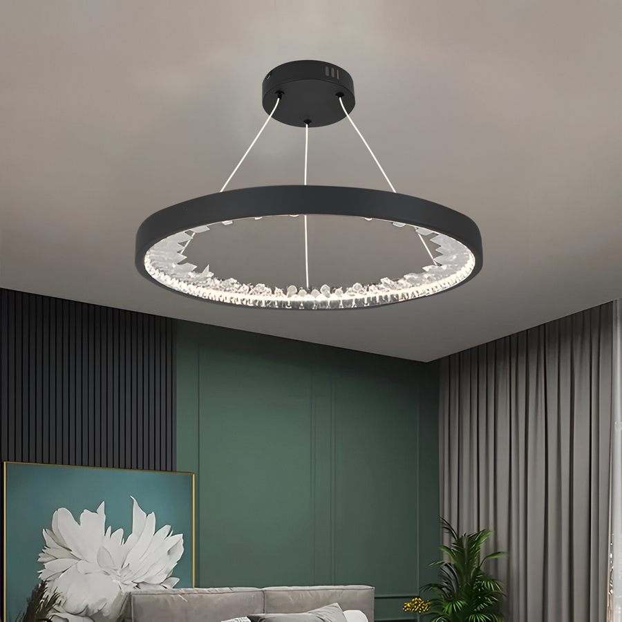 LED полилей, окачен с дистанционно управление, K9 кристали, 44W, 1 кръг, студена/гореща/неутрална светлина, нестабилна, черна, регулируема височина