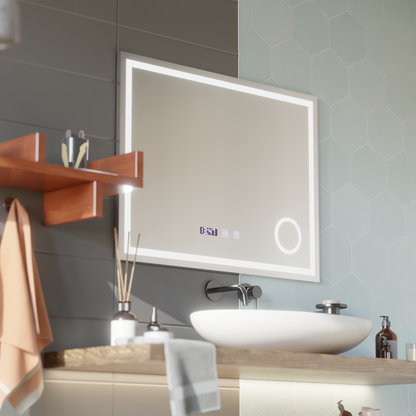 LED Touch Gunter Mirror Deflosting System, часовник и температура 80x60 cm козметично увеличение