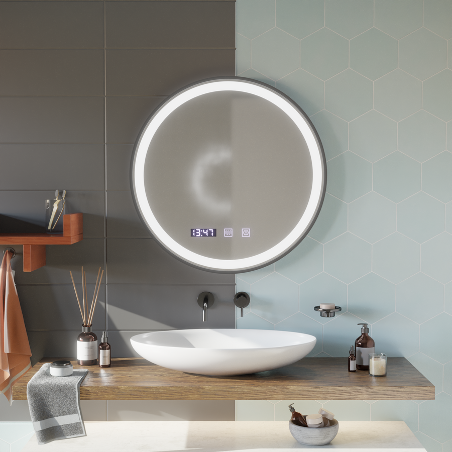 LED Touch Touch Otto Mirror Deflosting System, часовник и температура 80 cm Черна разрошена рамка