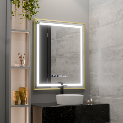Правоъгълно светодиодно огледало, 75x90см, Royale Gold Motionglow Marcello, система за демонтаж, часовник и термометър