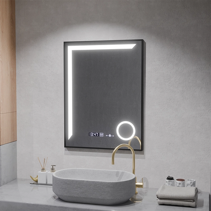 LED огледало Сензор MotionGlow Francesca 60x80 cm Топла/Студена/Неутрална светлина Димируема черна рамка Матирана система за обезпотяване Термометър Часовник Marcello Funghi Collection