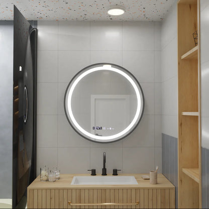 Кръгло LED огледало, 60 см, Celeste Majesti Noir Eleve Motionglow Marcello, система за дефиниция, часовник и термометър, размирен