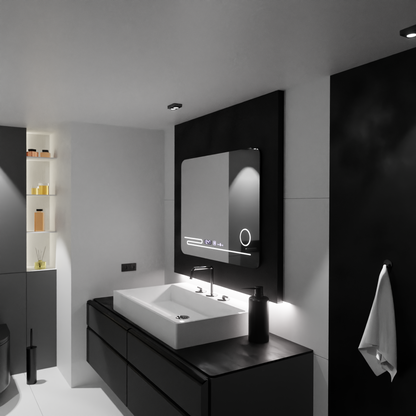 Правоъгълното светодиодно огледало 80x60cm fortaleza motionglow marcello размразяваща система термометър и часовник козметичен вълк