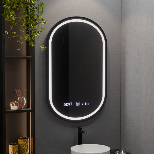 Овално LED огледало, 50x90 см, Alessia MotionGlow Marcello, система за обезпотяване, часовник и термометър, огледала Dimabila Marcello Заглавие по подразбиране Alessandro Design