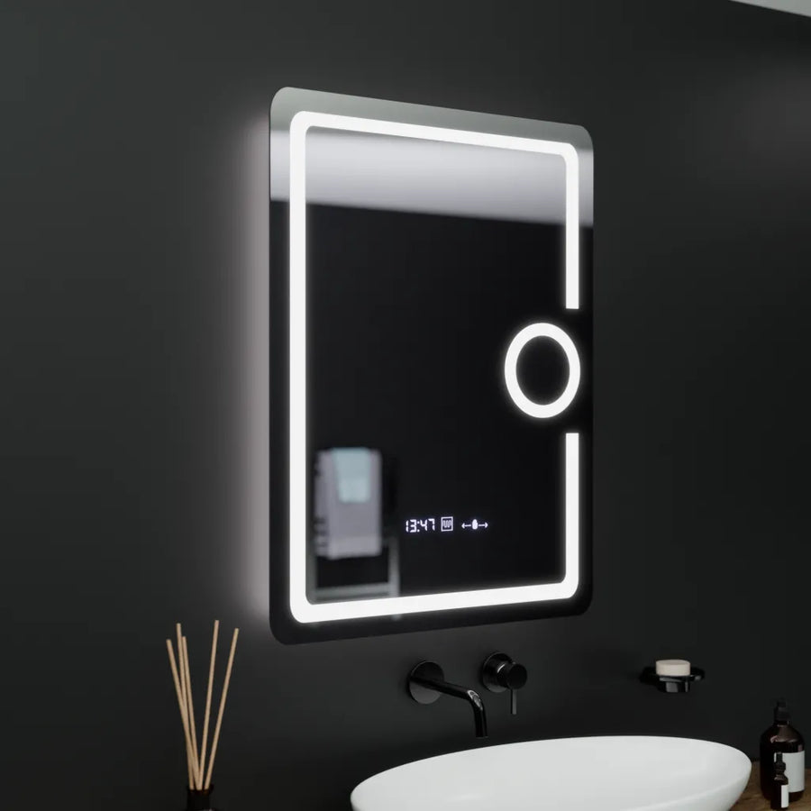 Правоъгълно светодиодно огледало, 60x80см, Eclat Motionglow Marcello, Clock & Thermometer, система за размразяване, козметичен луп