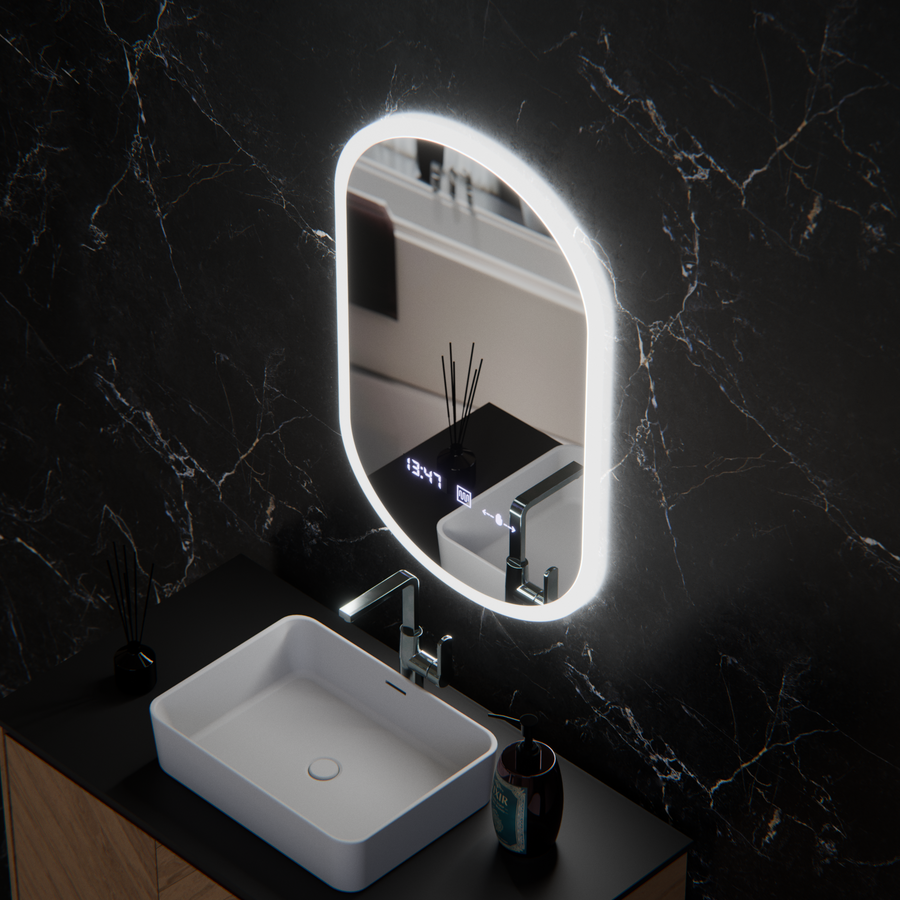 Овално светодиодно огледало, 50x80см, сензор Lucia Marcello, система за размразяване, часовник и термометър, подразбиращ се