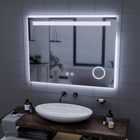 Правоъгълно LED огледало, 80x60cm, Piano Touch, система против запотяване, димиране, студена светлина 6000K
