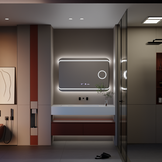 Правоъгълно светодиодно огледало, 100x60см, Capri Design Motionglow Marcello, система за дефиниране, часовник и термометър, козметичен луп