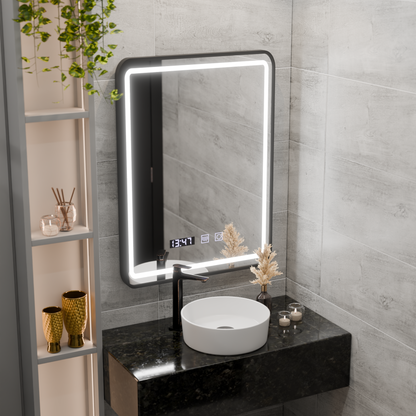 LED Touch Touch Karl Mirror Defrition System, часовник и температура 50x70 cm Black Brushd Frame Frame