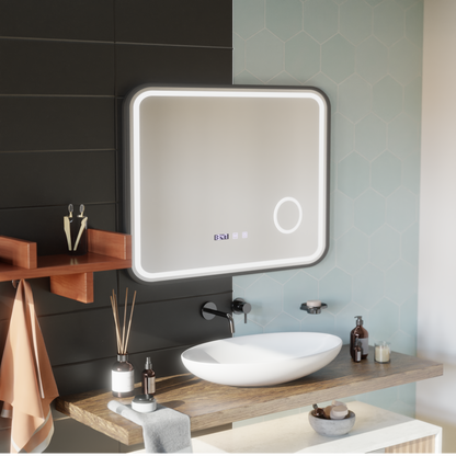 Система за размразяване на огледало LED Touch Bernd, часовник и температура 80x60 cm Black Brush Fund Cosmetica