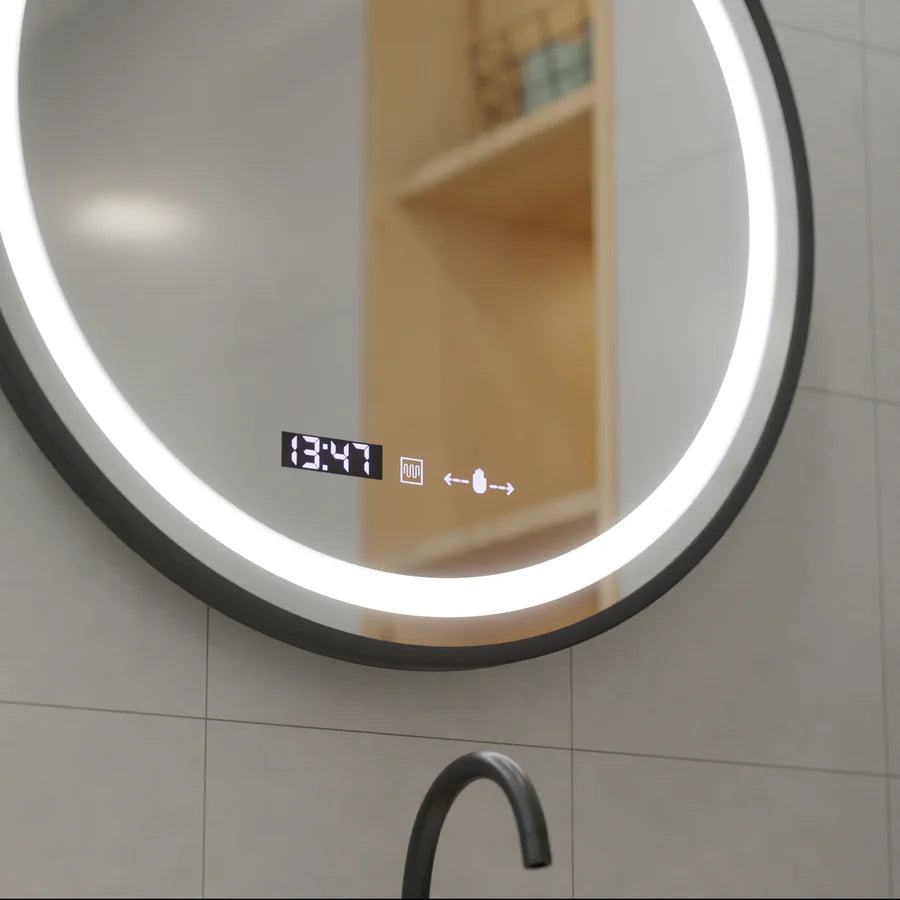 Кръгло LED огледало, 60 см, Celeste Majesti Noir Eleve Motionglow Marcello, система за дефиниция, часовник и термометър, размирен