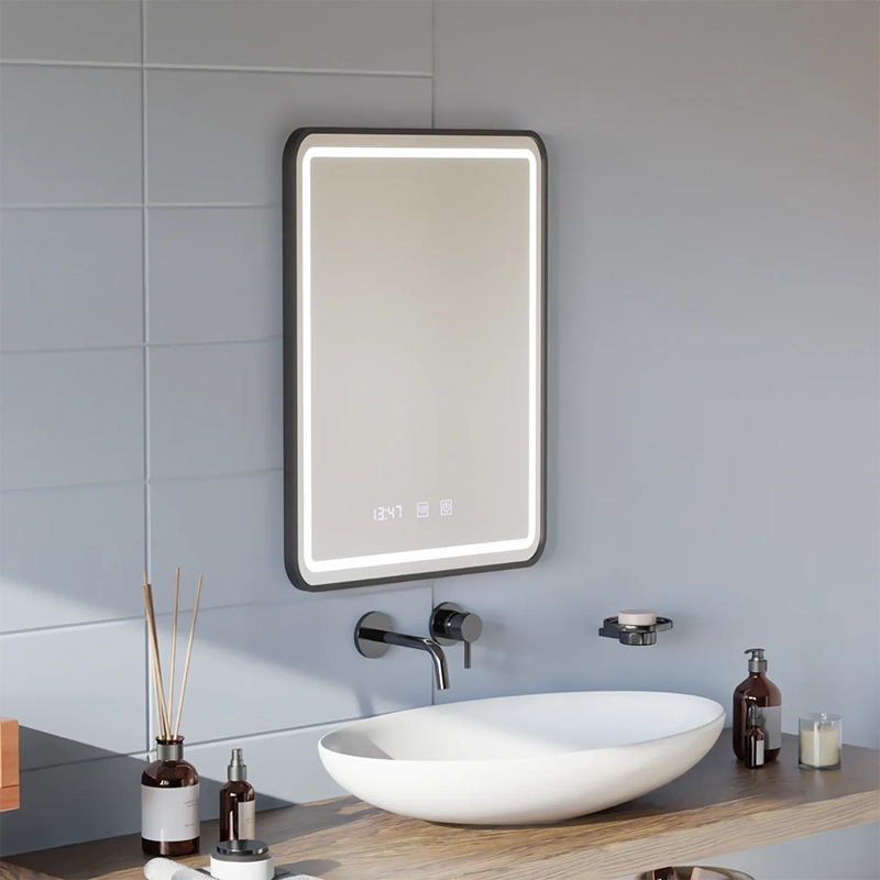 Огледало LED Touch LUCIDA Система за обезпотяване, часовник и температура 60x80 см Матирана черна рамка