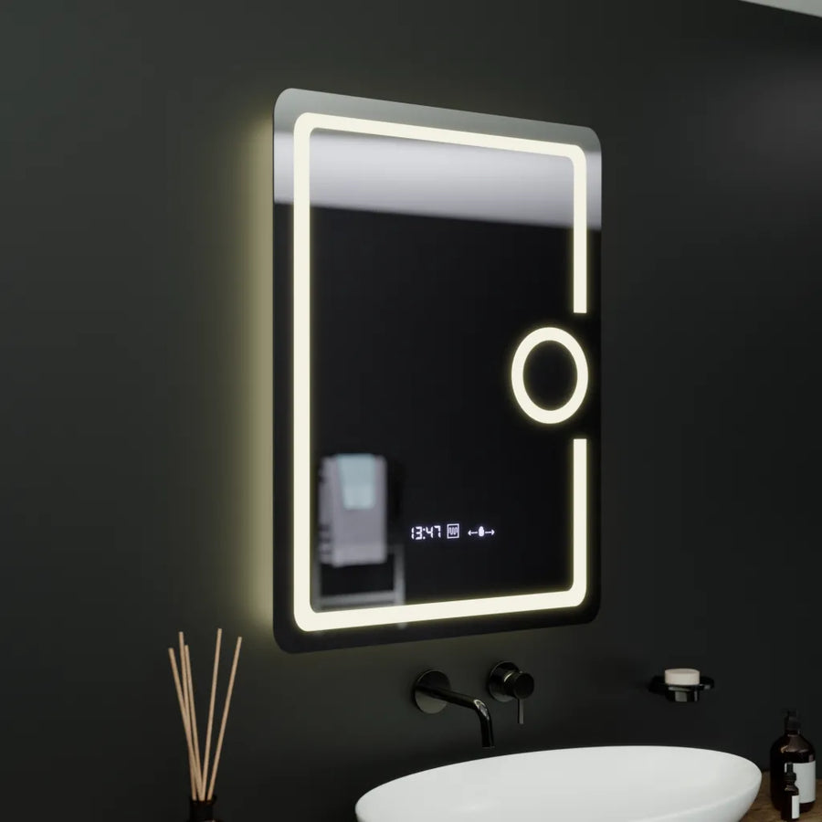 Правоъгълно светодиодно огледало, 60x80см, Eclat Motionglow Marcello, Clock & Thermometer, система за размразяване, козметичен луп