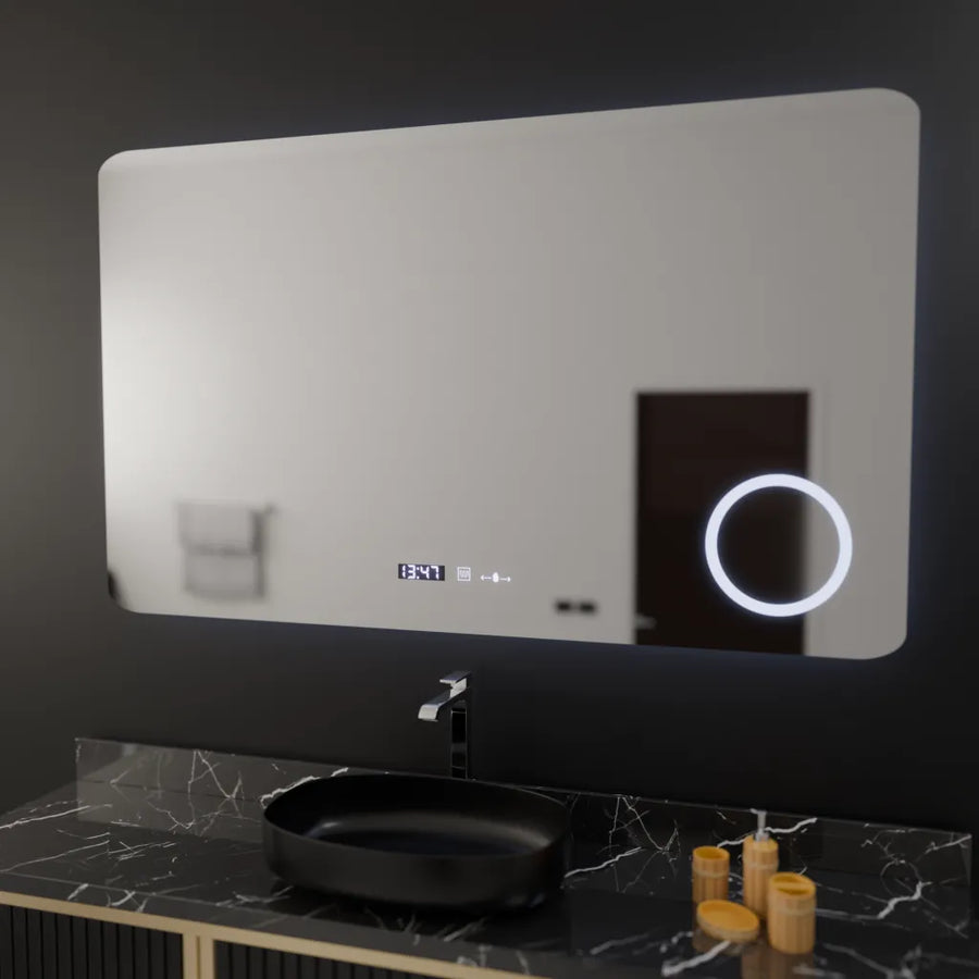 Правоъгълно светодиодно огледало, 100x60см, Celeste Motionglow Marcello, система за размразяване, часовник и термометър, козметична лупа, подрастваща