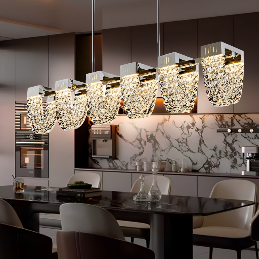 Окачен LED полилей, CC370/1200CH, Кристал и метал, 30 W, Дистанционно управление, Студена/Топла/Неутрална светлина 3000K/4000K/6000K, Луксозно осветление