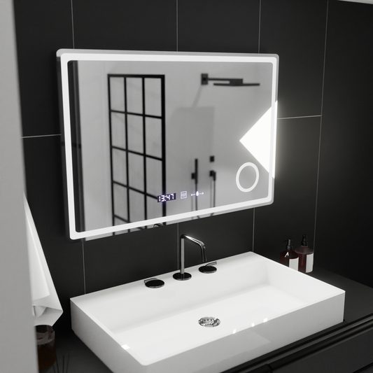 Правоъгълно светодиодно огледало, 90x60см, Bellezza Riflesso Puro Motionglow Marcello, система за размразяване, часовник и термометър, козметична лупа, размирен