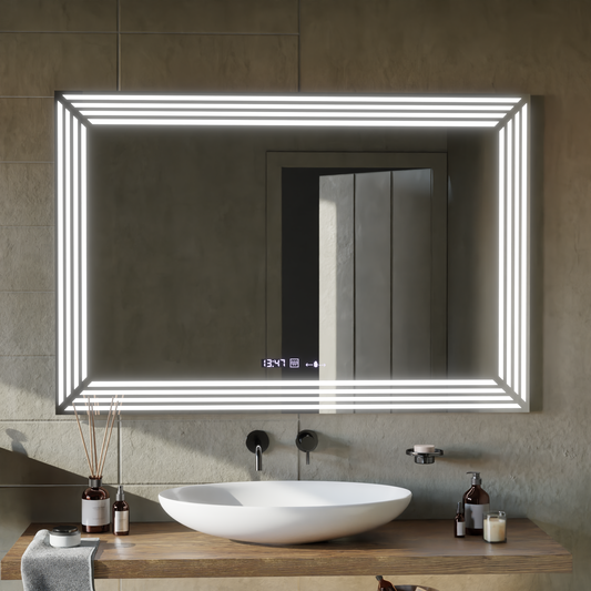 Правоъгълно светодиодно огледало, 60x80см, венец сензор Motionglow Marcello, система за размразяване, часовник и термометър, намаляващ се