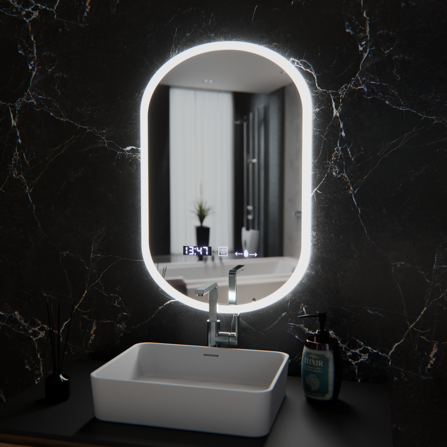 Овално светодиодно огледало, 50x80см, сензор Lucia Marcello, система за размразяване, часовник и термометър, подразбиращ се