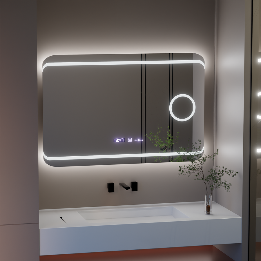Правоъгълно светодиодно огледало, 100x60см, дефиниция Motionglow Marcello, система за размразяване, часовник и термометър, козметична лупа, подразбираща се