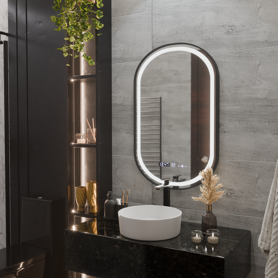 LED огледало Helmut Sensor De-fogging System, Clock and Temperature 50x90 cm Черна рамка Матирана Marcello Funghi