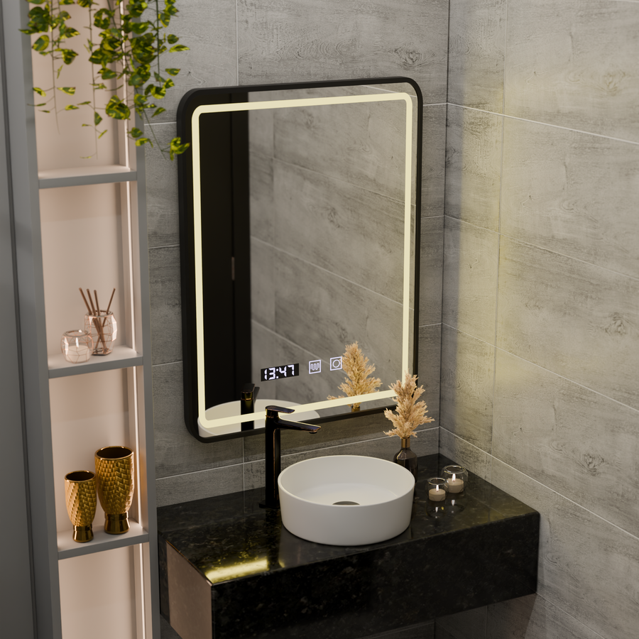 LED Touch Touch Karl Mirror Defrition System, часовник и температура 50x70 cm Black Brushd Frame Frame