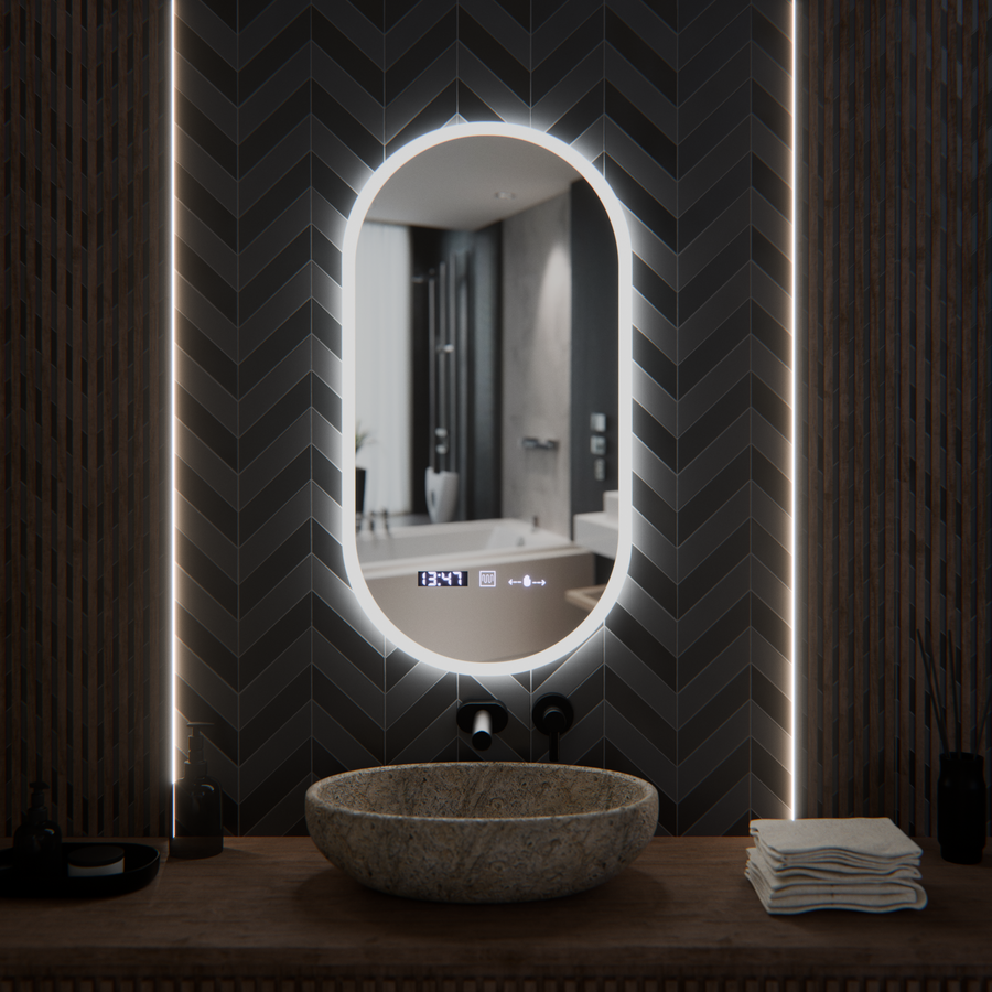 Овално светодиодно огледало, 50x100cm, Lucia Sensor Marcello, система за размразяване, часовник и термометър, подразбиращ се