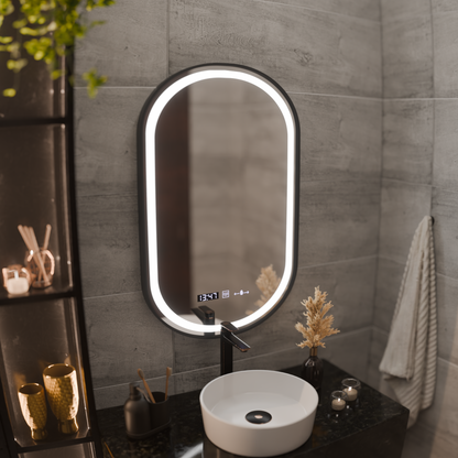 Огледална LED Touch Touch Defrition System, часовник и температура 50x80 cm Black Brushd Frame Frame
