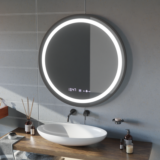 Кръгло LED огледало, 80 см, Celeste Majesté Noir Motionglow Marcello, система за размразяване, часовник и термометър, подразбиращ се