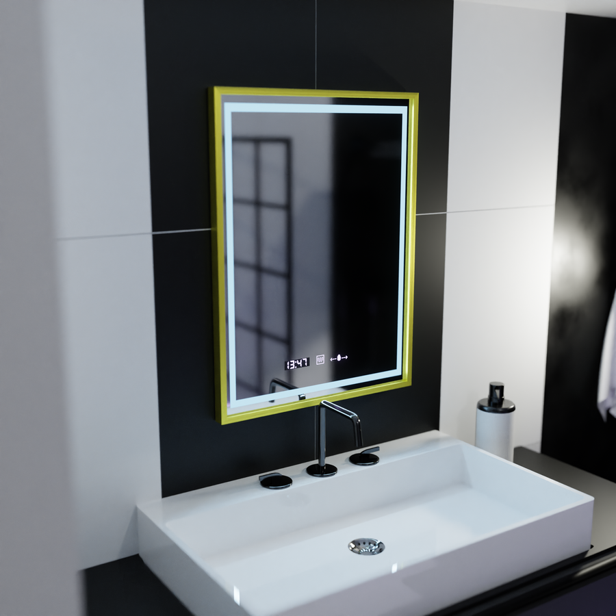 Правоъгълно светодиодно огледало, 50x70см, Royale Gold Motion Glow Marcello, заместник -система, часовник и термометър, размирен