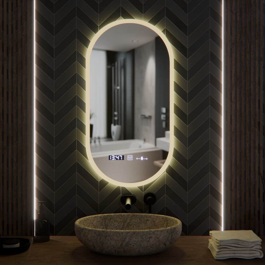 Овално светодиодно огледало, 50x100cm, Lucia Sensor Marcello, система за размразяване, часовник и термометър, подразбиращ се