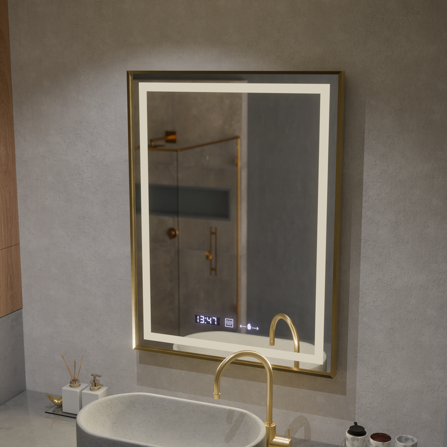 Правоъгълно светодиодно огледало, 60x80см, Royale Gold Motionglow Marcello, Dishobile System, Clock & Thermomet
