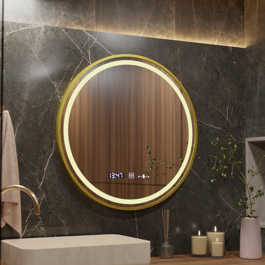 Кръгло светодиодно огледало, 70 см, Celeste Royale Gold Motionglow Marcello, заместник -система, часовник и термометър, подразбиращ се