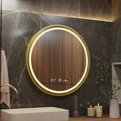 Кръгло LED огледало, 60 см, Celeste Royale Gold Eleve Motionglow Marcello, система за демонтиране, часовник