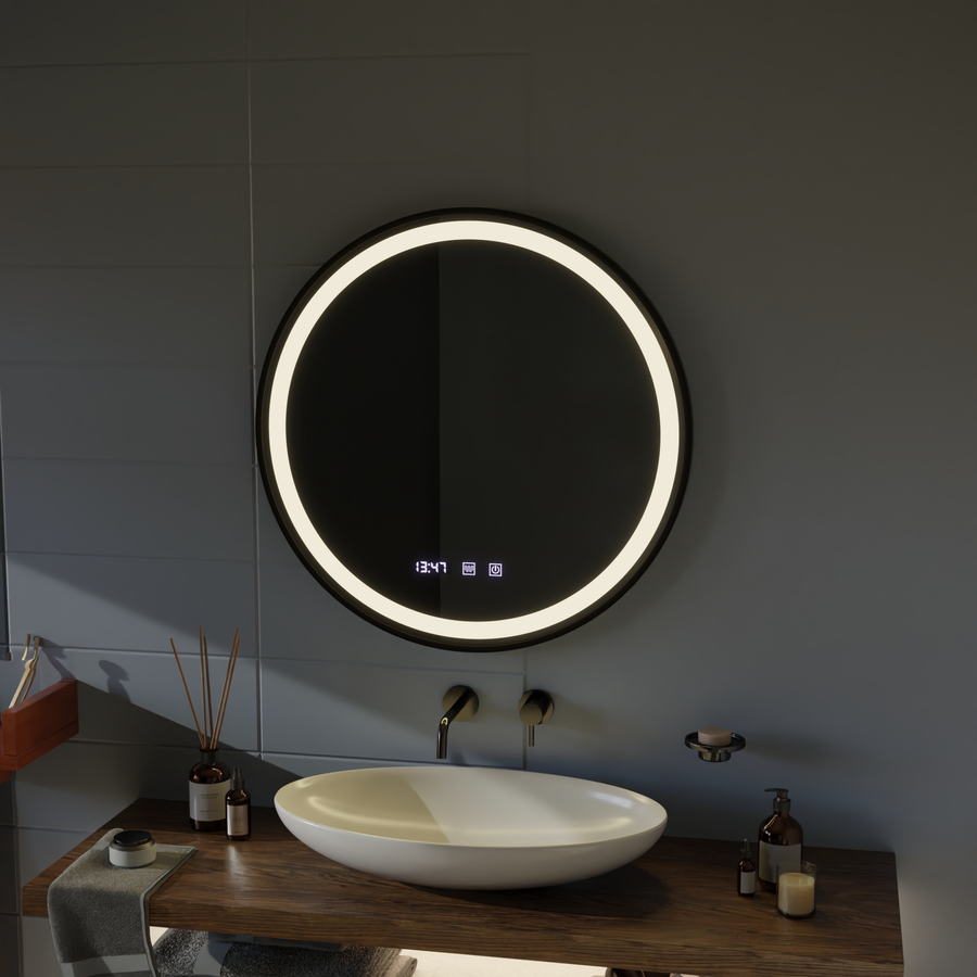 Огледална LED Touch Hans DeBrulation System, часовник и температура 60 cm черна рамка с черна рамка
