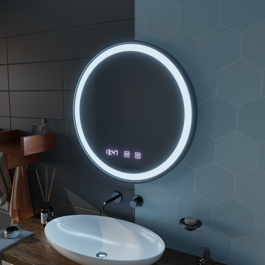 LED Touch Touch Otto Mirror Deflosting System, часовник и температура 80 cm Черна разрошена рамка