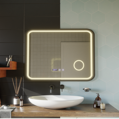 Система за размразяване на огледало LED Touch Bernd, часовник и температура 80x60 cm Black Brush Fund Cosmetica
