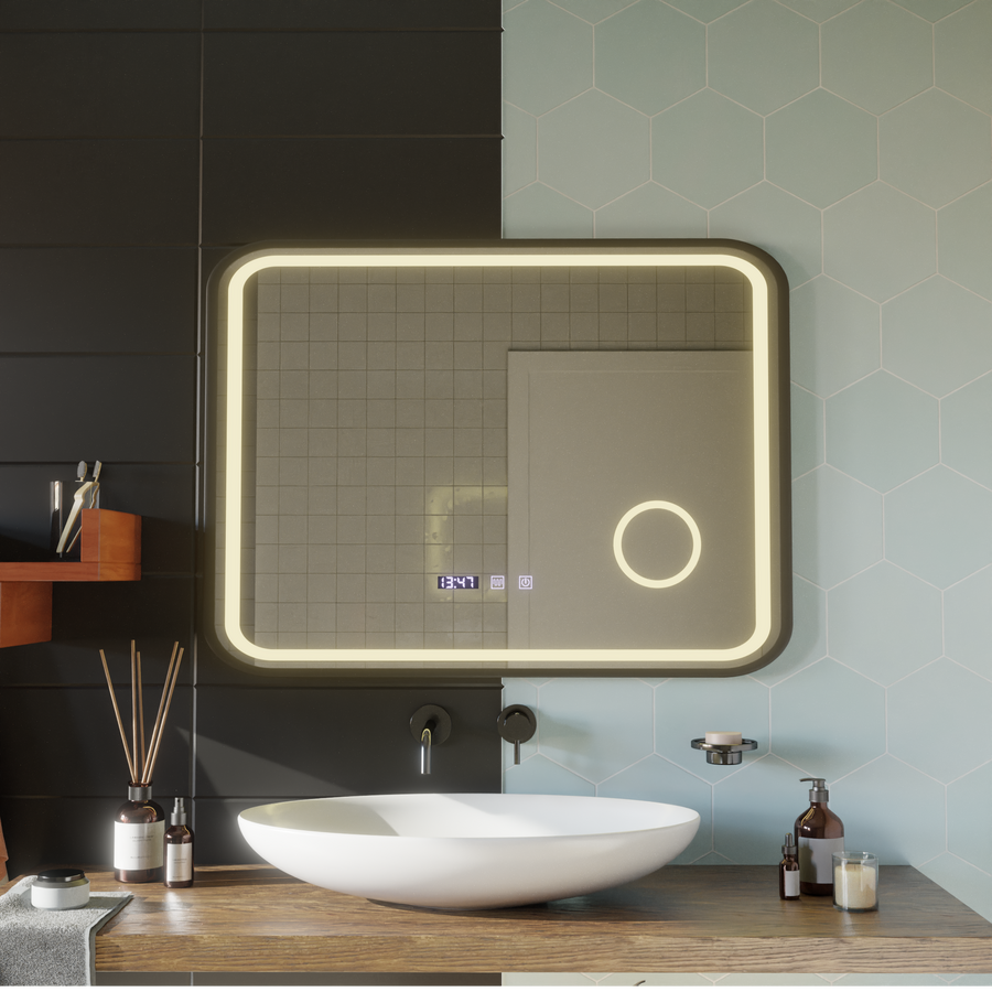 Система за размразяване на огледало LED Touch Bernd, часовник и температура 80x60 cm Black Brush Fund Cosmetica