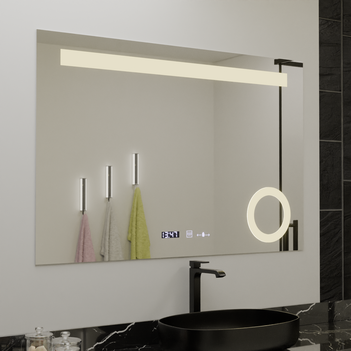 Правоъгълно светодиодно огледало, 80x60см, абсолютно motionglow marcello, система за размразяване, часовник и термометър, козметичен луп