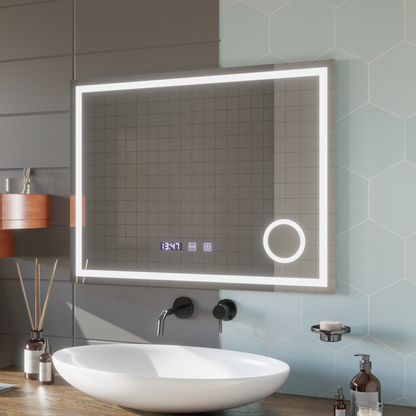 LED Touch Gunter Mirror Deflosting System, часовник и температура 80x60 cm козметично увеличение