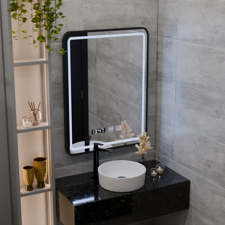 LED Touch Touch Karl Mirror Defrition System, часовник и температура 50x70 cm Black Brushd Frame Frame