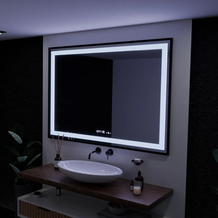 Правоъгълно светодиодно огледало, 100x70см, Verite Majeste Noir Motion Glow Marcello, система за размразяване, часовник и термометър, намаляващ се