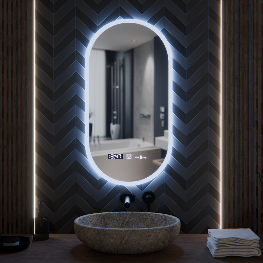 Овално светодиодно огледало, 50x100cm, Lucia Sensor Marcello, система за размразяване, часовник и термометър, подразбиращ се