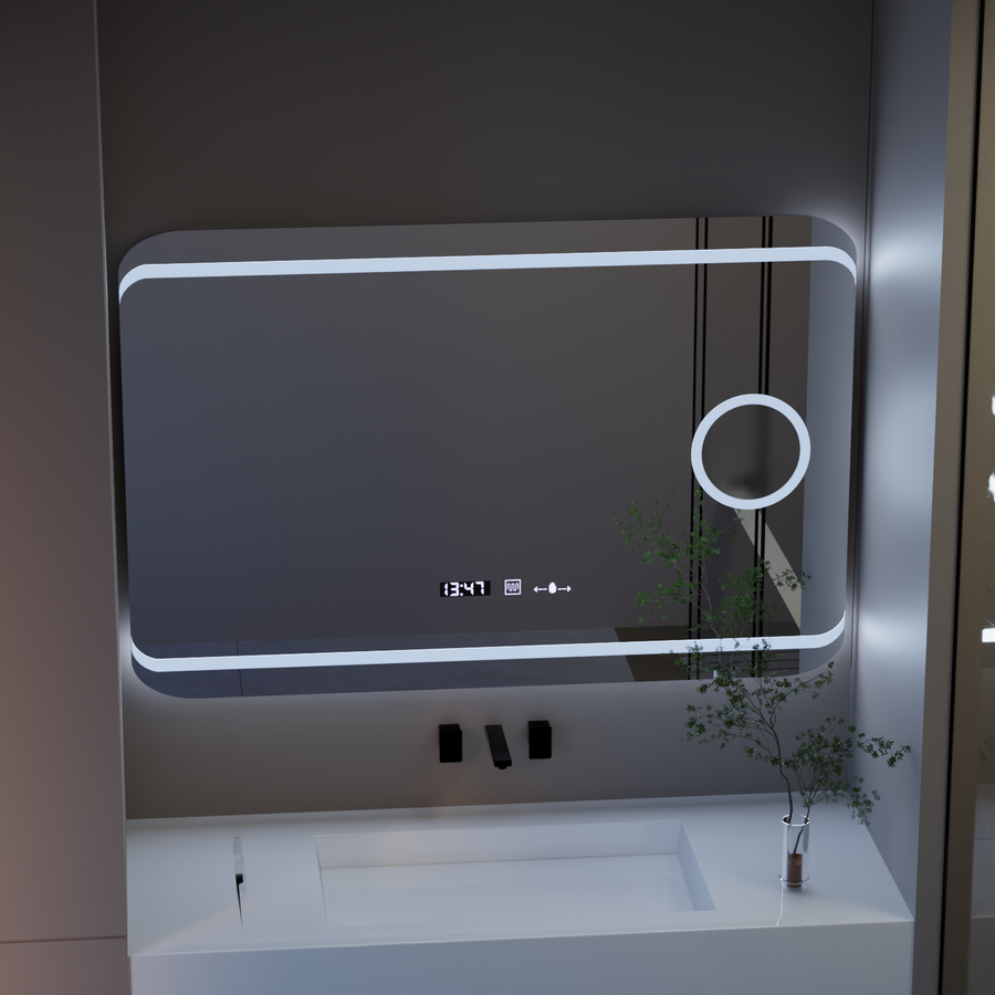 Правоъгълно светодиодно огледало, 120x80см, дефиниция Motionglow Marcello, система за инвалидиране, часовник и термометър, козметично увеличение