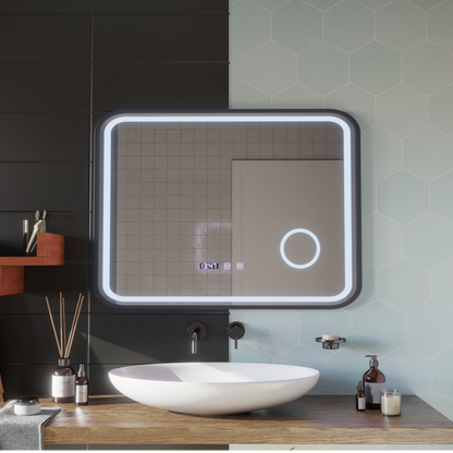 Система за размразяване на огледало LED Touch Bernd, часовник и температура 80x60 cm Black Brush Fund Cosmetica