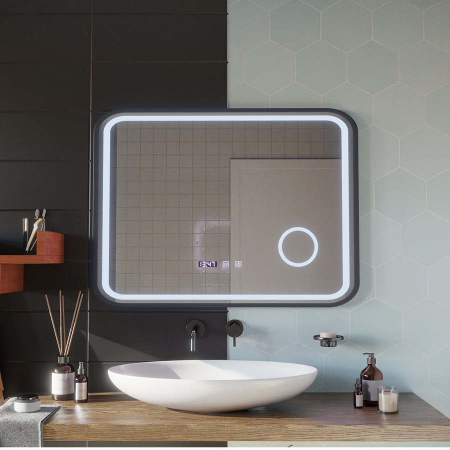 Система за размразяване на огледало LED Touch Bernd, часовник и температура 80x60 cm Black Brush Fund Cosmetica