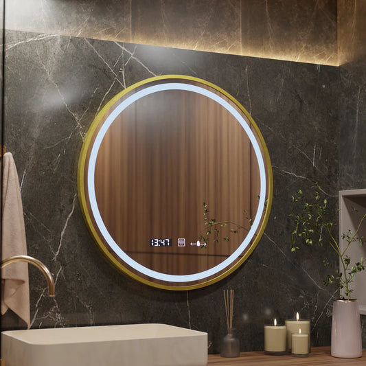 Кръгло светодиодно огледало, 60 см, Celeste Royale Gold Eleve Motionglow Marcello, система за размразяване, часовник и термометър, подразбиращ се