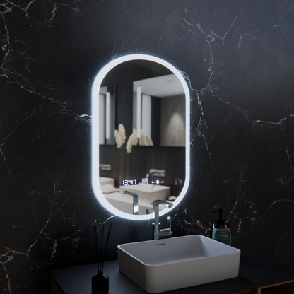 Овално светодиодно огледало, 50x80см, сензор Lucia Marcello, система за размразяване, часовник и термометър, подразбиращ се