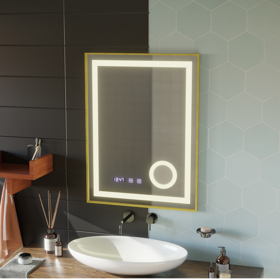 Огледален LED Touch STEFAN DEBRICATION SYSTEM, ВОДА И ТЕМПЕРТИРАНЕ 60x80 cm Златна рамахед козметика Lup