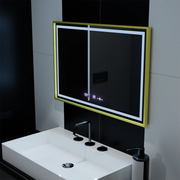 Правоъгълно LED огледало, 100x65 см, Verite Royale Gold Motion Glow Marcello, система против запотяване, часовник и термометър, димиране